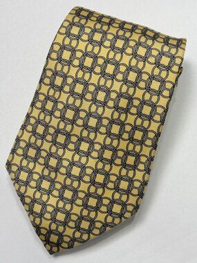 HERMES Yellow Grey Circle Link Pattern Print Silk Tie